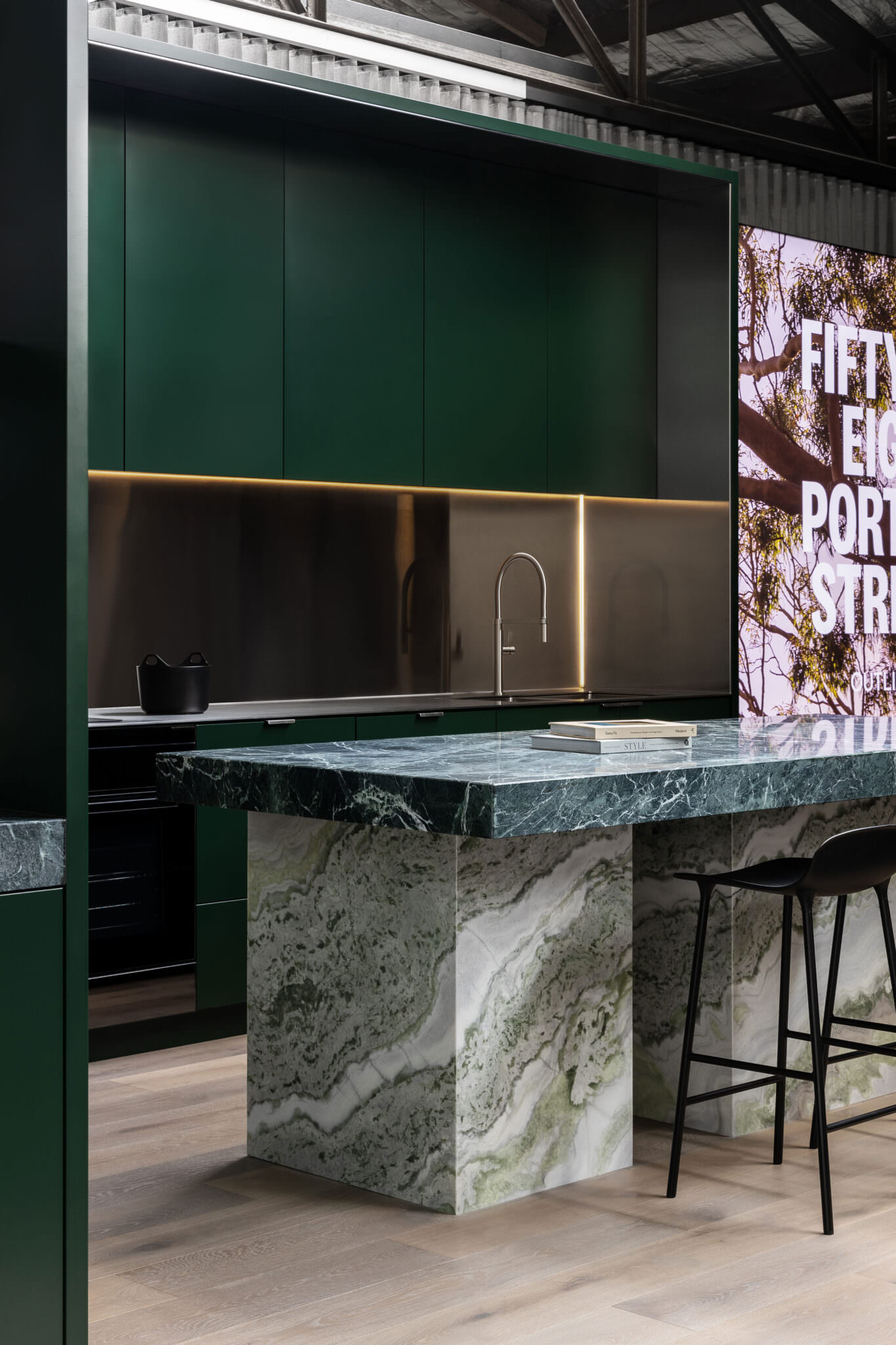 Contemporary kitchen with marble island bench and green cabinetry #architecture #interiors #interiordesign #modern #contemporary #kitchen #design #kitchendesign #marble