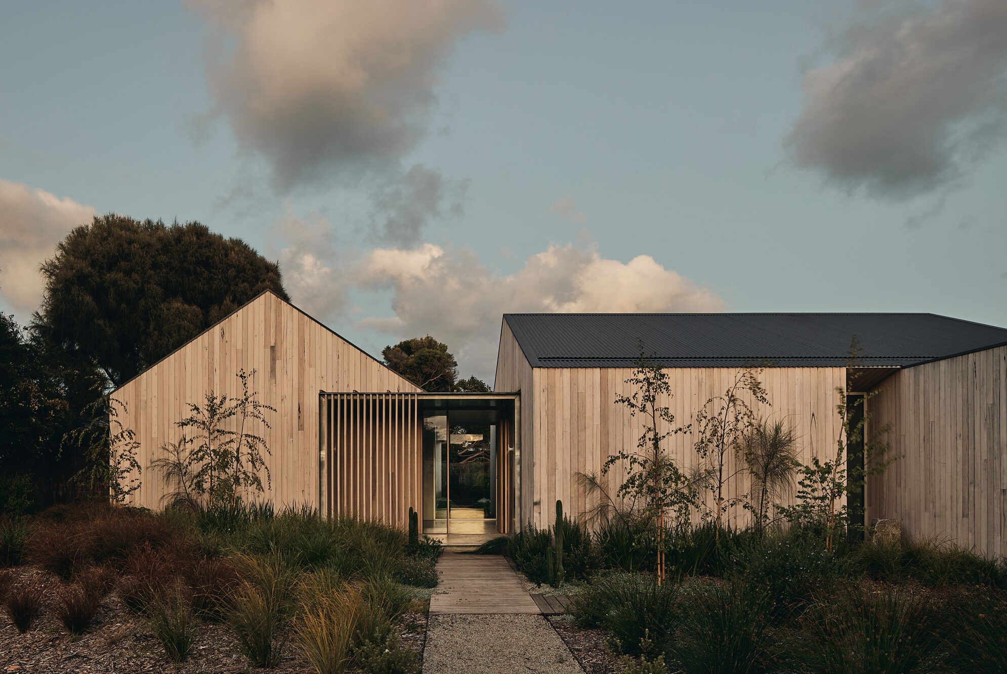 Warm filtered light hits timber clad architectural house with pitched roof and surrounded by lush native greenery.