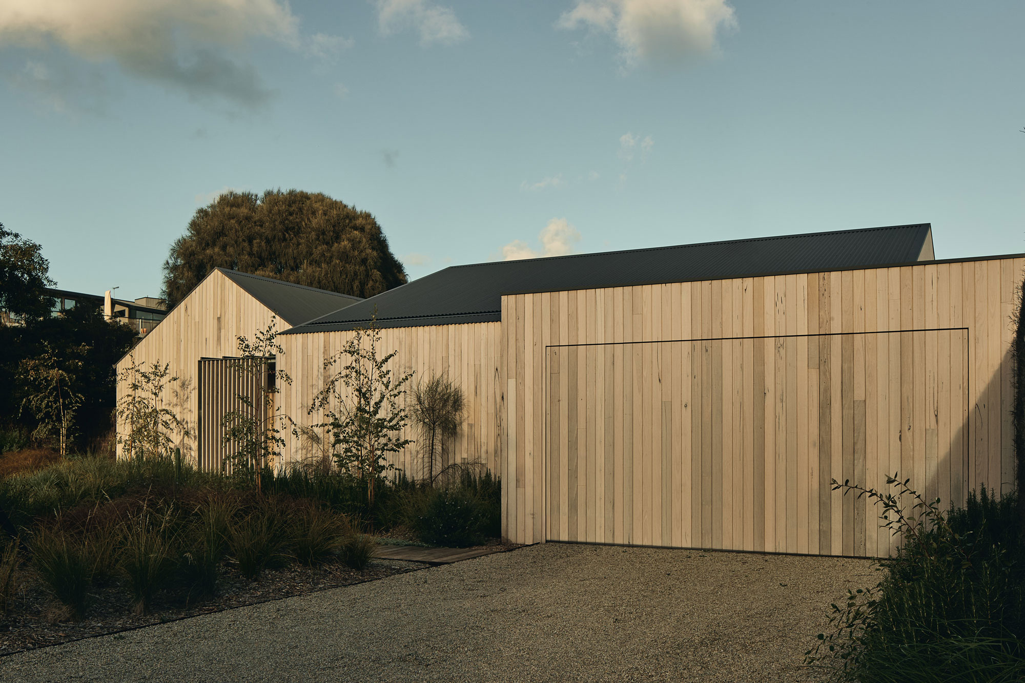 Warm filtered light hits timber clad architectural house with pitched roof and driveway that leads to a concealed garage.