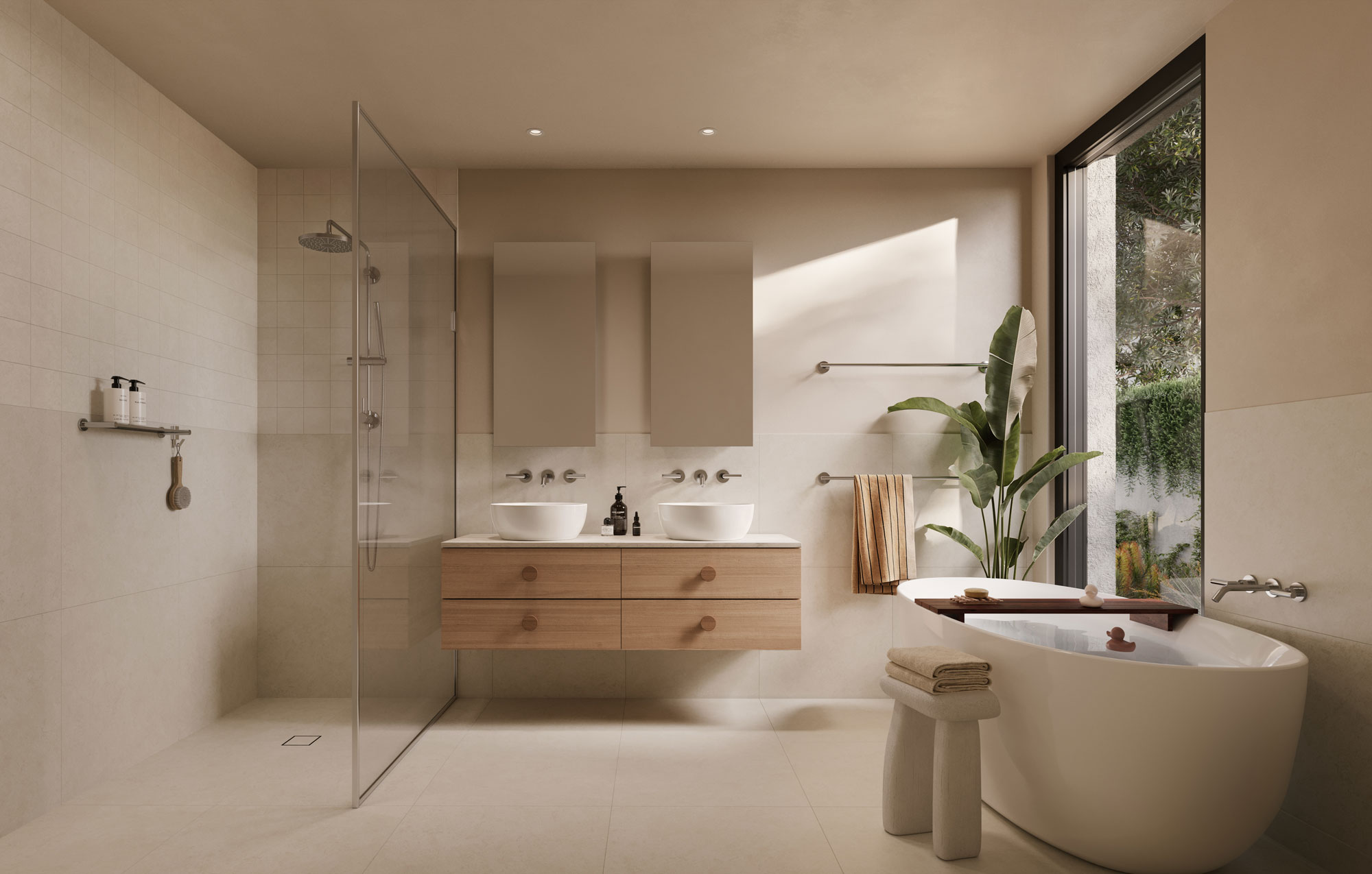 Soft light streams through the contemporary, neutral tone bathroom with double vanity, oval bath and open shower.