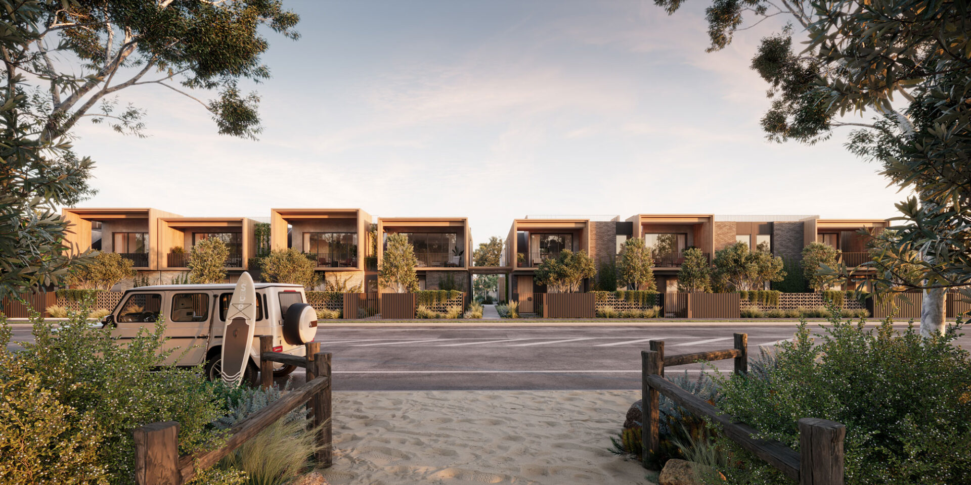 A row of modern, luxury townhouses with a sleek, minimalist design, featuring large glass windows, wooden accents, and lush greenery. The scene is bathed in warm, golden sunlight, creating a serene and inviting atmosphere. The homes are framed by trees and well-manicured plants, with a stylish fence and landscaping that blend seamlessly with the natural surroundings.