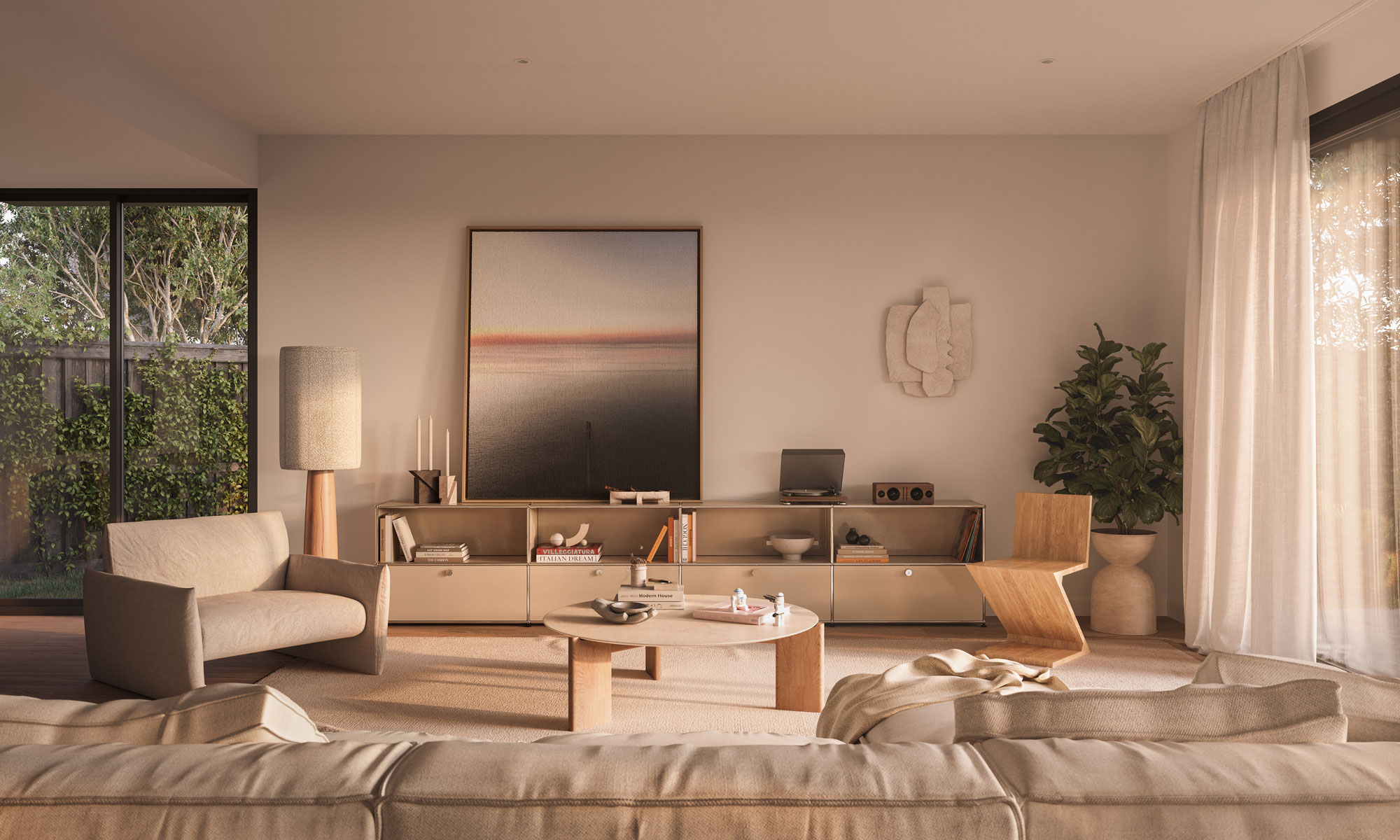 Soft light stream through the the contemporary lounge room, with floor to ceiling windows and soft neutral furnishings.