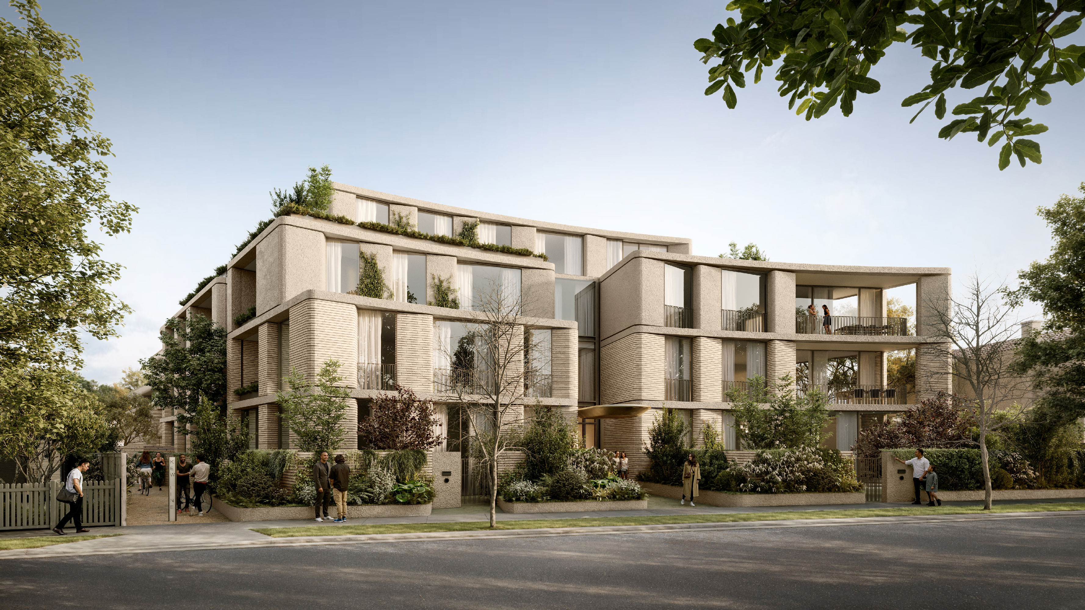The Hawthorn Grove façade of 138 Barkers Road, Kew, featuring vertical brick columns, balanced proportions and lush street-level garden planting responding to the surrounding Victorian-era streetscape.