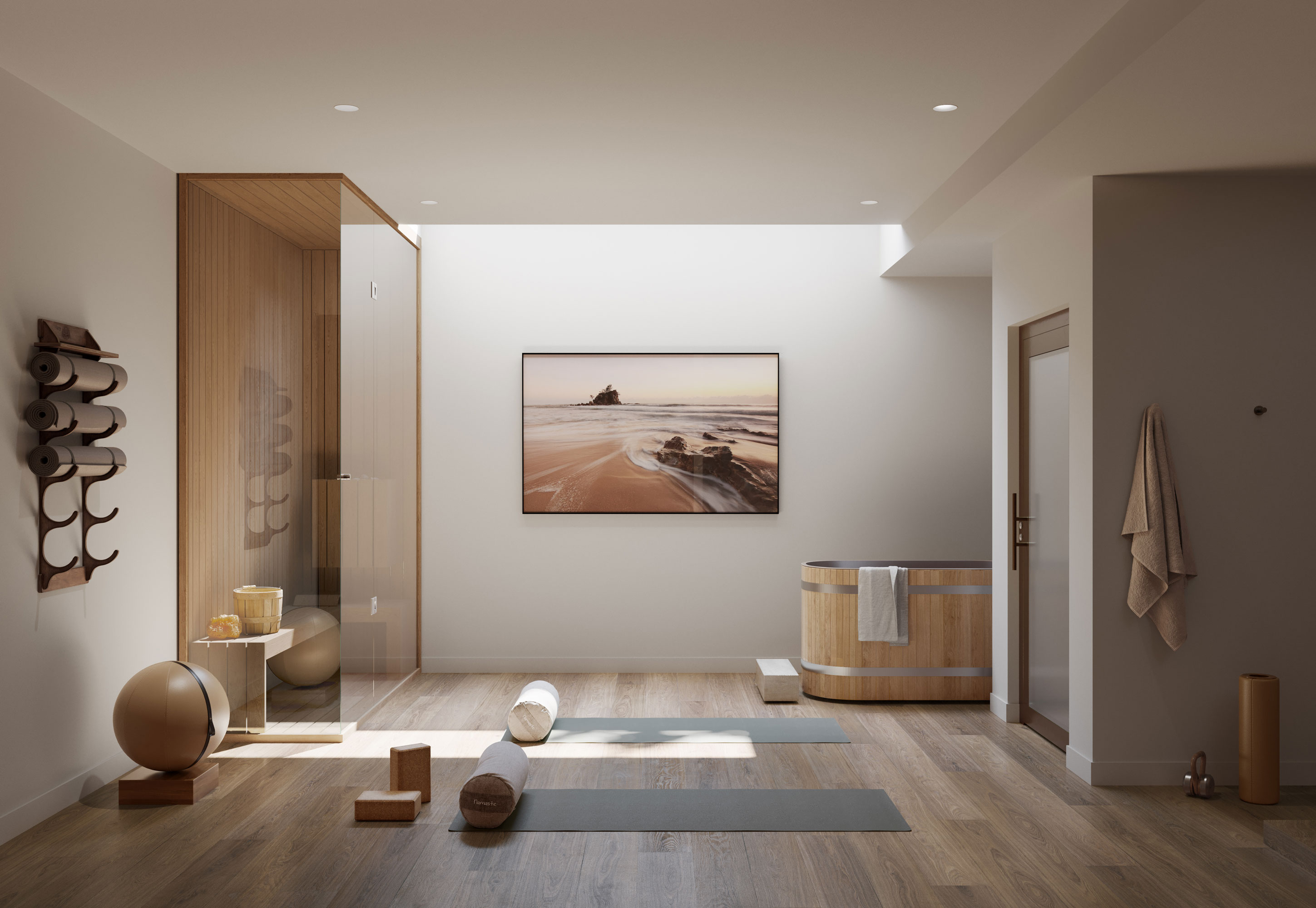 Wellness room featuring a sauna and timber soaking tub, yoga mats and bolsters beneath a coastal landscape artwork on timber flooring