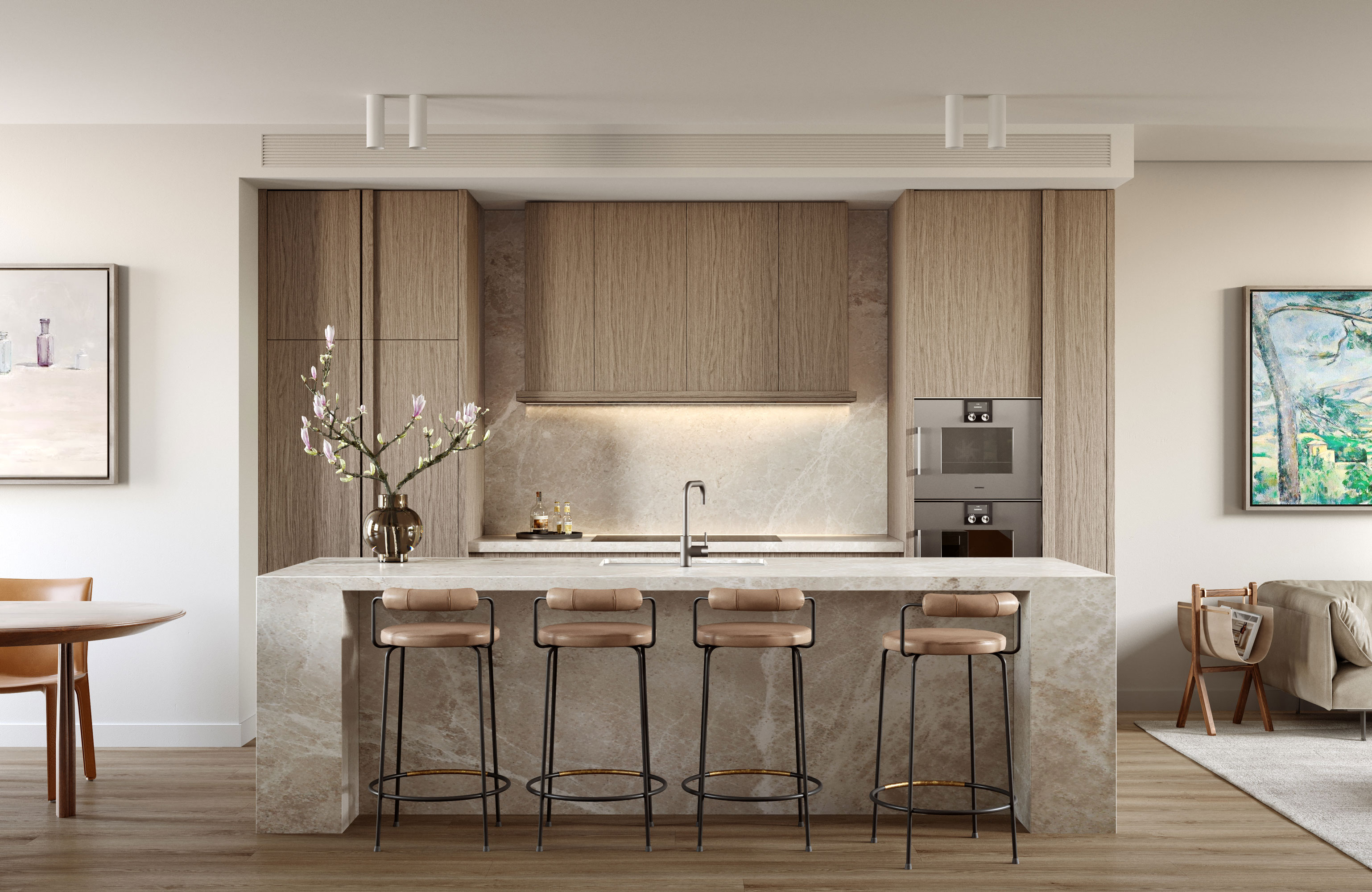 Scott Grove kitchen with oak joinery, full marble island, leather barstools and integrated appliances, centred between an open living and dining space.